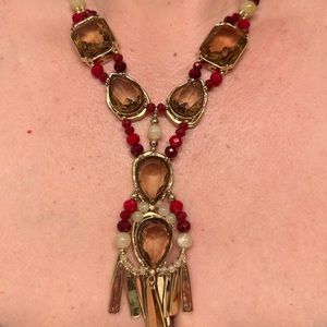 Chicos gold stone and red bead statement necklace